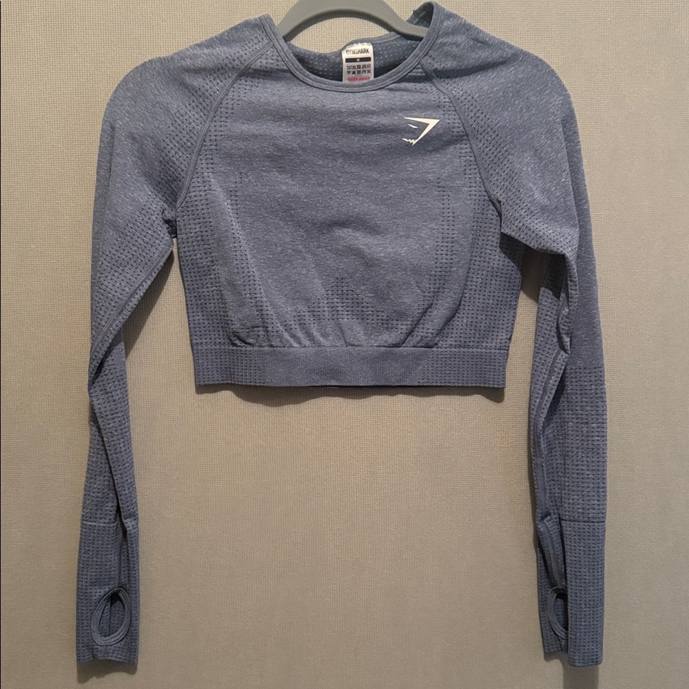 Gymshark Vital Seamless 2.0 Blue Cropped Long Sleeve Shirt Size Medium - Picture 2 of 3
